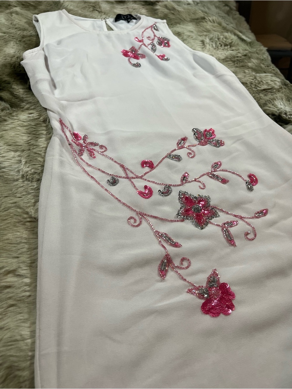 Sleeveless White Formal Dress with Pink Sequin Floral Embroidery
